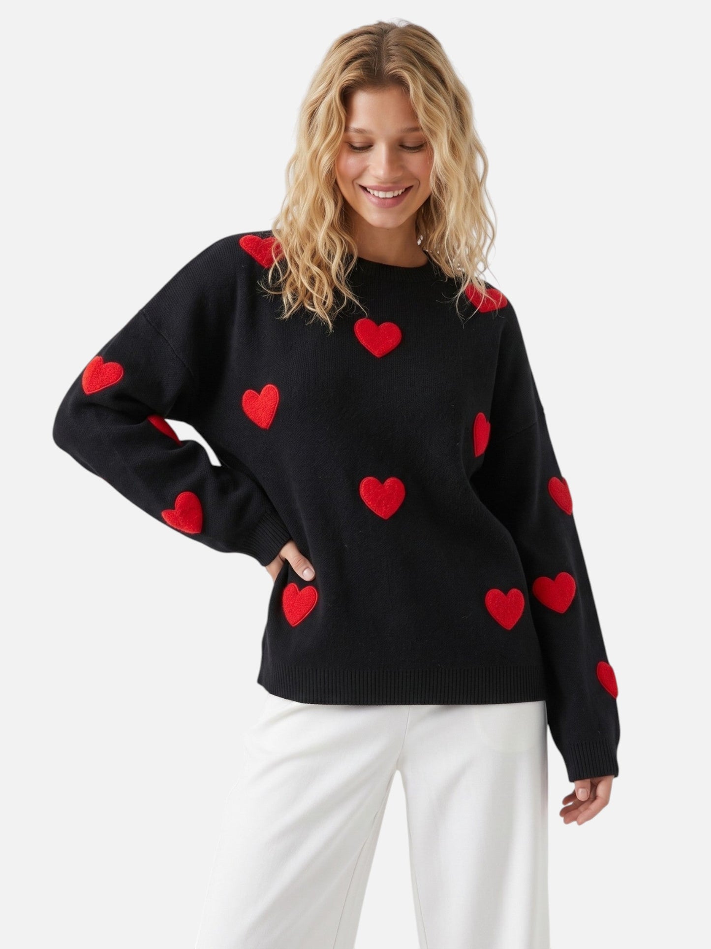Pull à col rond et motif cœurs en relief pour femme | Idéal pour l'automne
