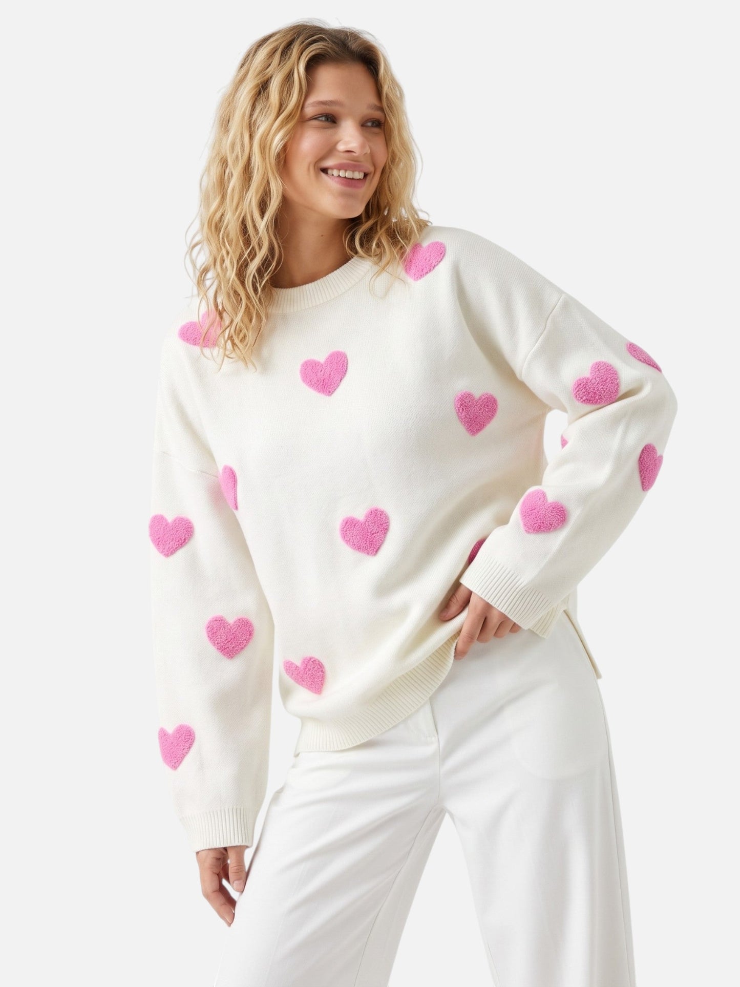 Pull à col rond et motif cœurs en relief pour femme | Idéal pour l'automne