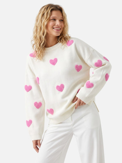 Pull à col rond et motif cœurs en relief pour femme | Idéal pour l'automne
