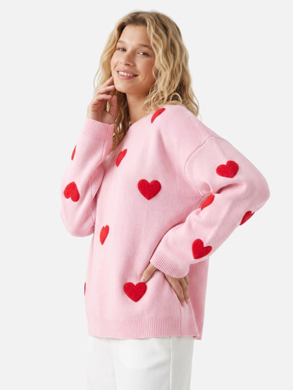 Pull à col rond et motif cœurs en relief pour femme | Idéal pour l'automne