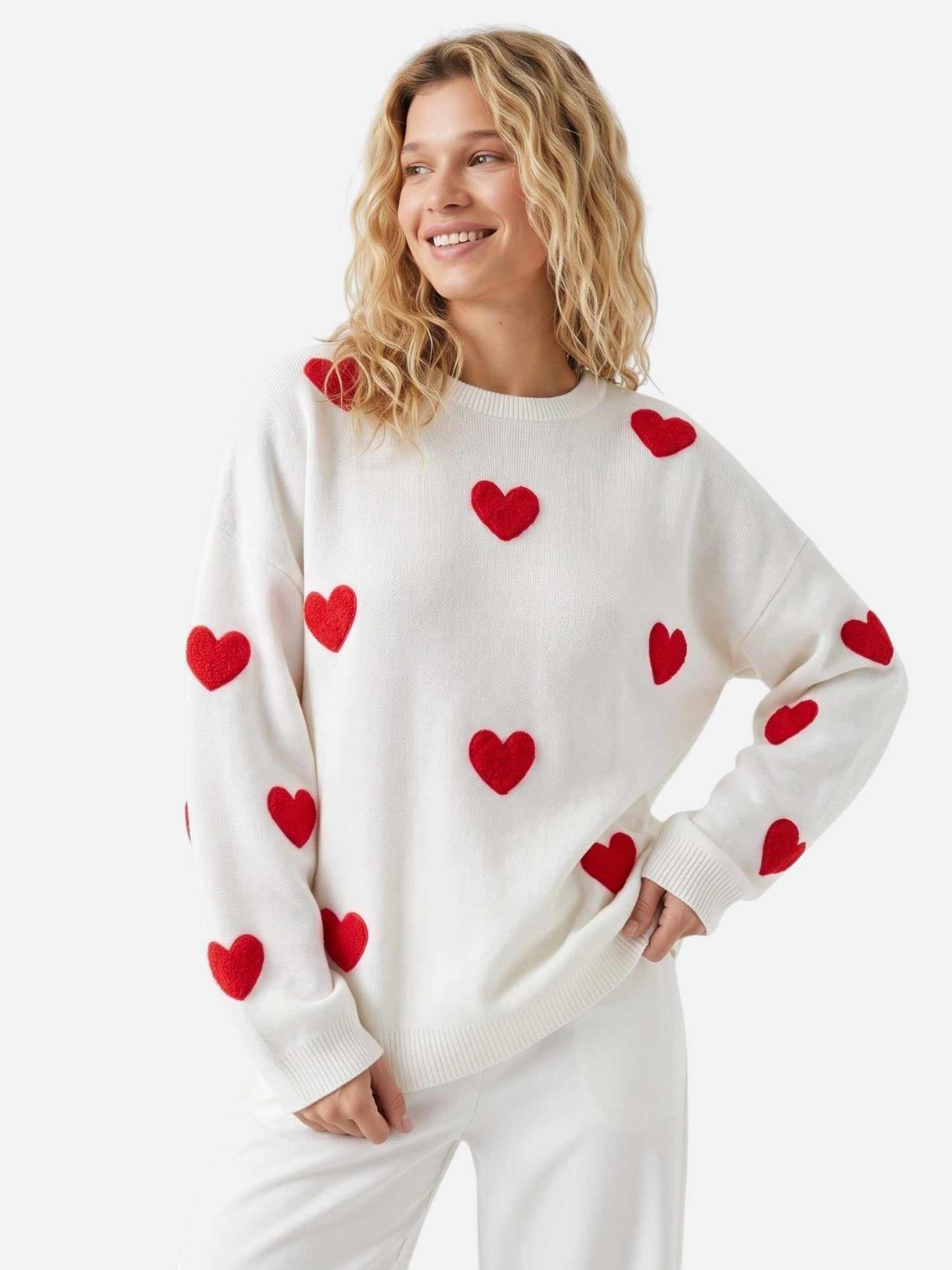 Pull à col rond et motif cœurs en relief pour femme | Idéal pour l'automne