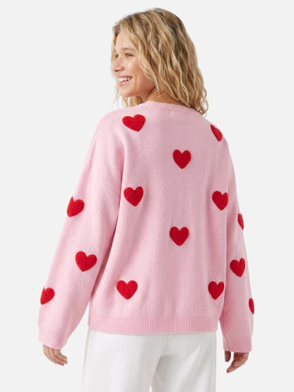 Pull à col rond et motif cœurs en relief pour femme | Idéal pour l'automne
