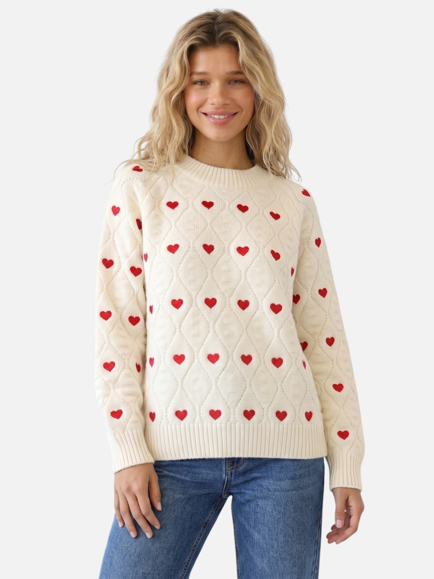 Pull à col rond avec motif cœurs pour femme | Idéal pour l’automne et le quotidien