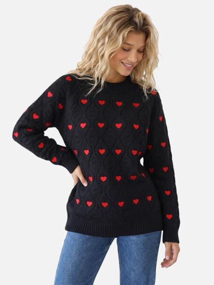 Pull à col rond avec motif cœurs pour femme | Idéal pour l’automne et le quotidien