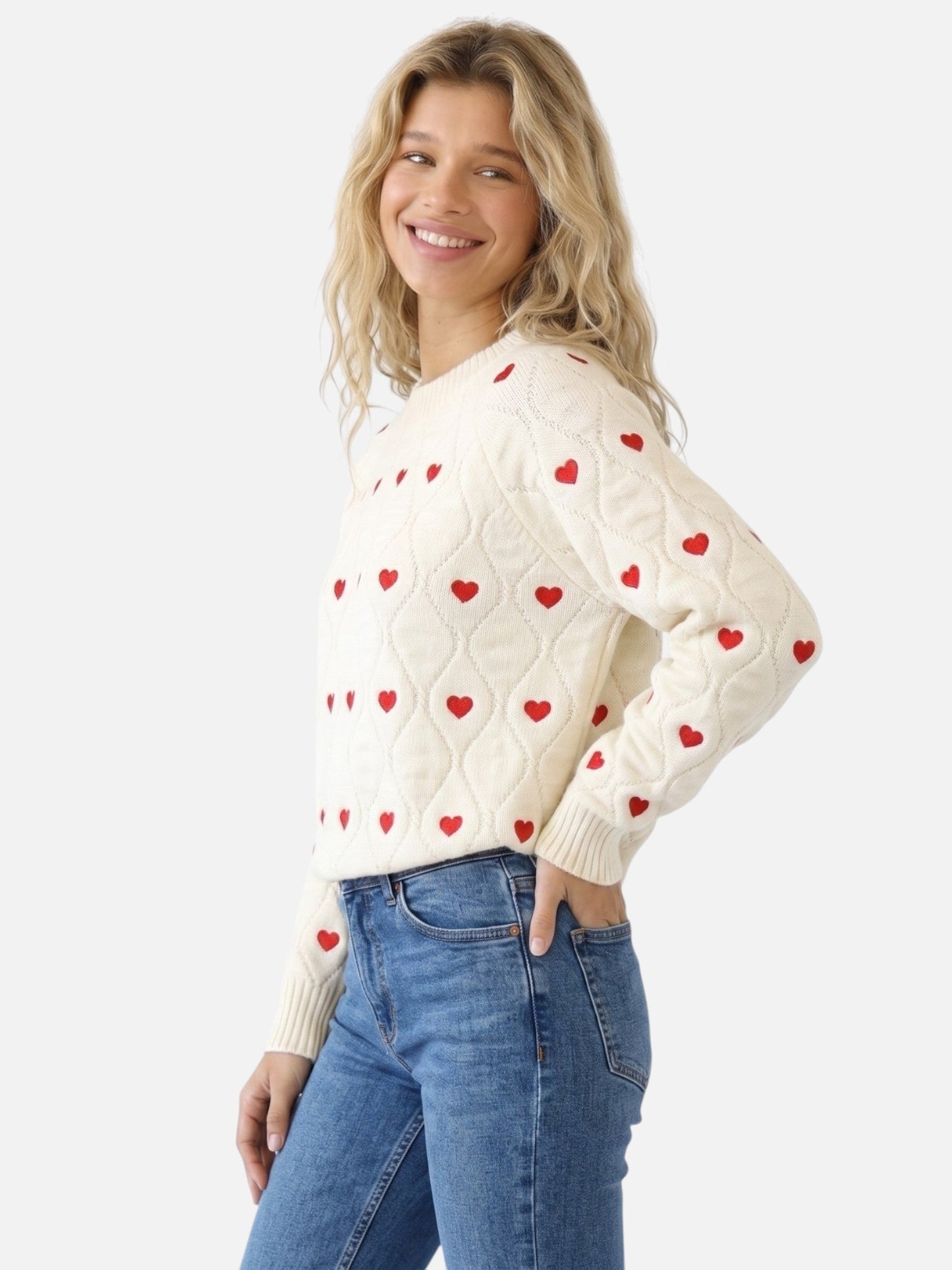Pull à col rond avec motif cœurs pour femme | Idéal pour l’automne et le quotidien