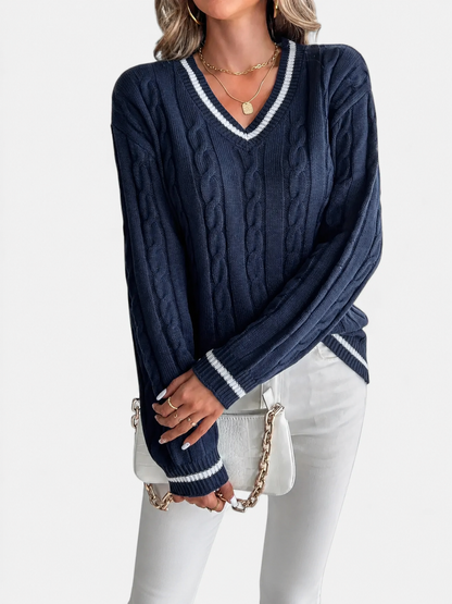Pull col V torsadé bord contrasté pour femmes