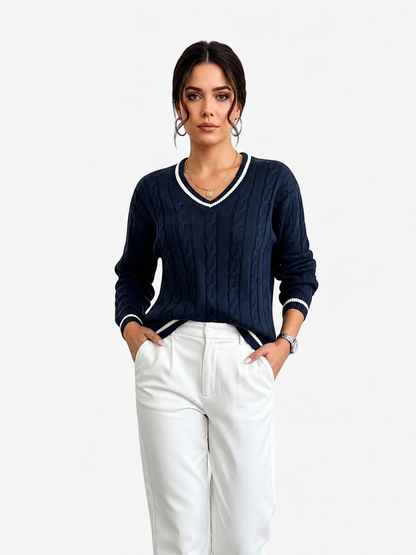 Pull col V torsadé bord contrasté pour femmes