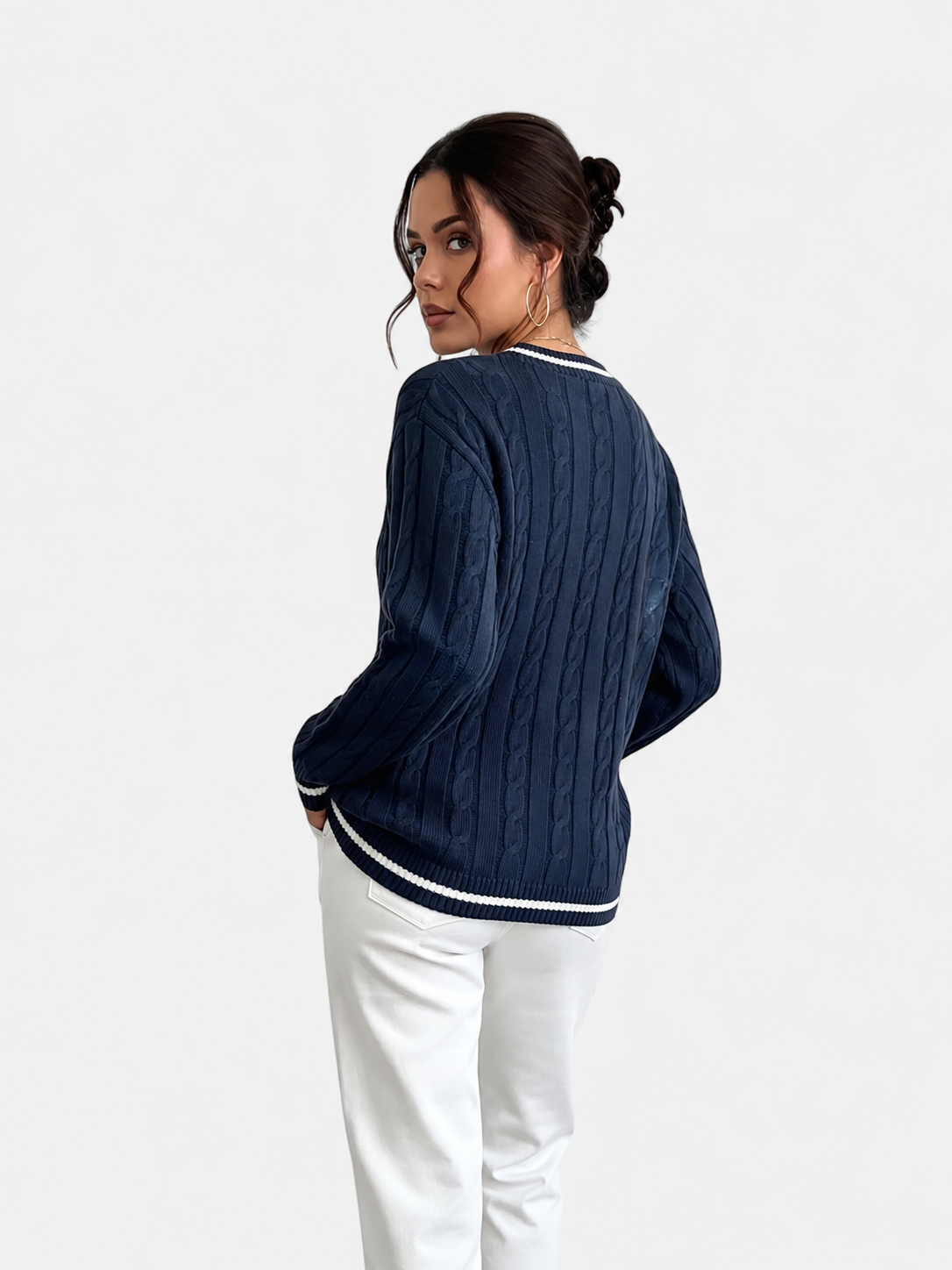 Pull col V torsadé bord contrasté pour femmes