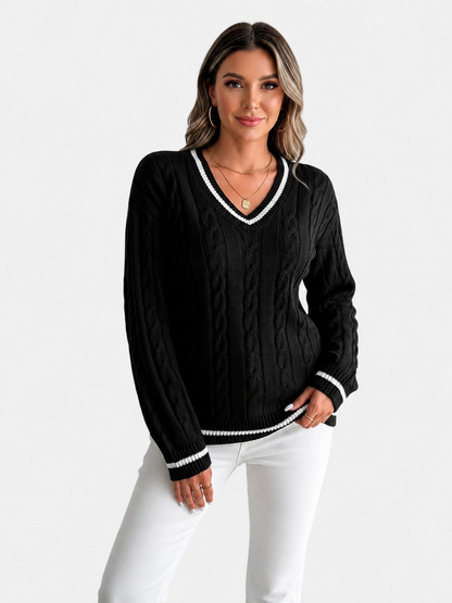 Pull col V torsadé bord contrasté pour femmes