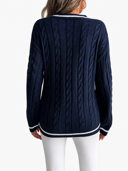 Pull col V torsadé bord contrasté pour femmes