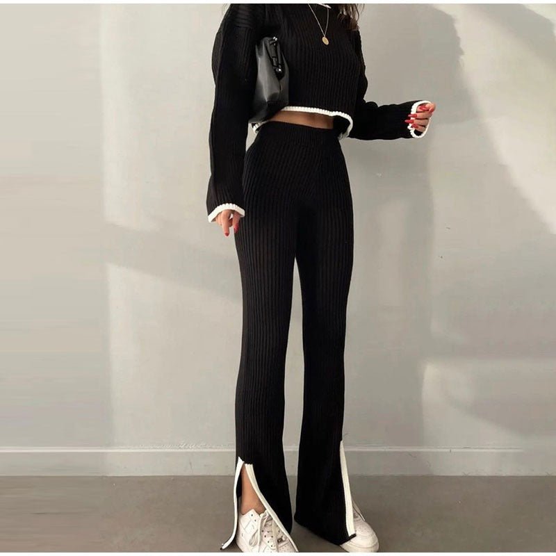 Ensemble Deux Pièces En Maille Côtelée avec Top Court Et Pantalon Taille Haute pour Femme | Idéal pour Les Sorties Décontractées