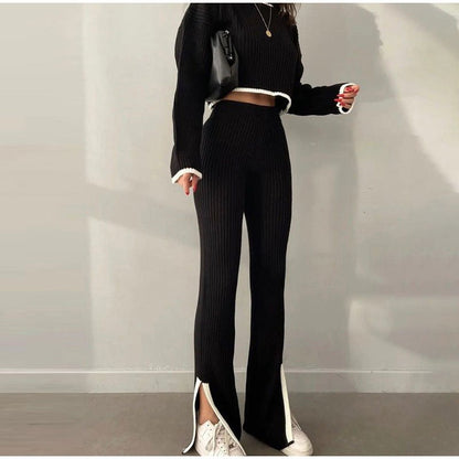 Ensemble Deux Pièces En Maille Côtelée avec Top Court Et Pantalon Taille Haute pour Femme | Idéal pour Les Sorties Décontractées