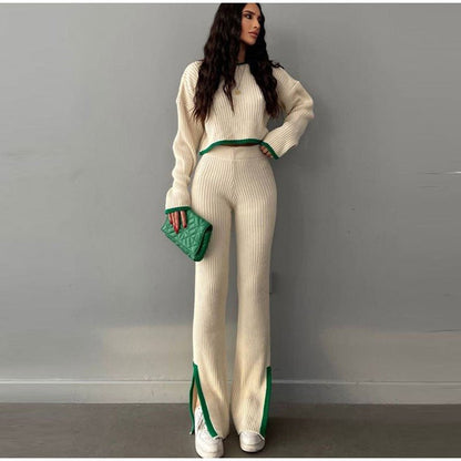 Ensemble Deux Pièces En Maille Côtelée avec Top Court Et Pantalon Taille Haute pour Femme | Idéal pour Les Sorties Décontractées