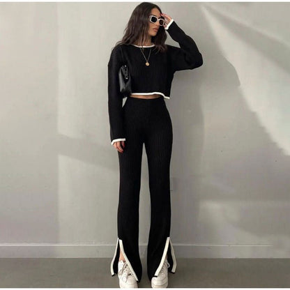 Ensemble Deux Pièces En Maille Côtelée avec Top Court Et Pantalon Taille Haute pour Femme | Idéal pour Les Sorties Décontractées
