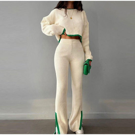 Ensemble Deux Pièces En Maille Côtelée avec Top Court Et Pantalon Taille Haute pour Femme | Idéal pour Les Sorties Décontractées