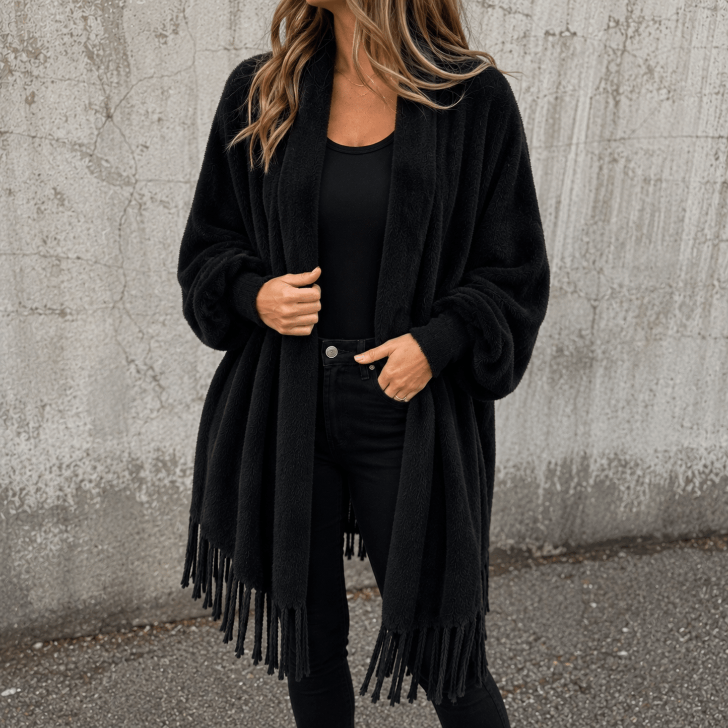 Cardigan pour femmes à col châle et franges | Idéal pour l'automne