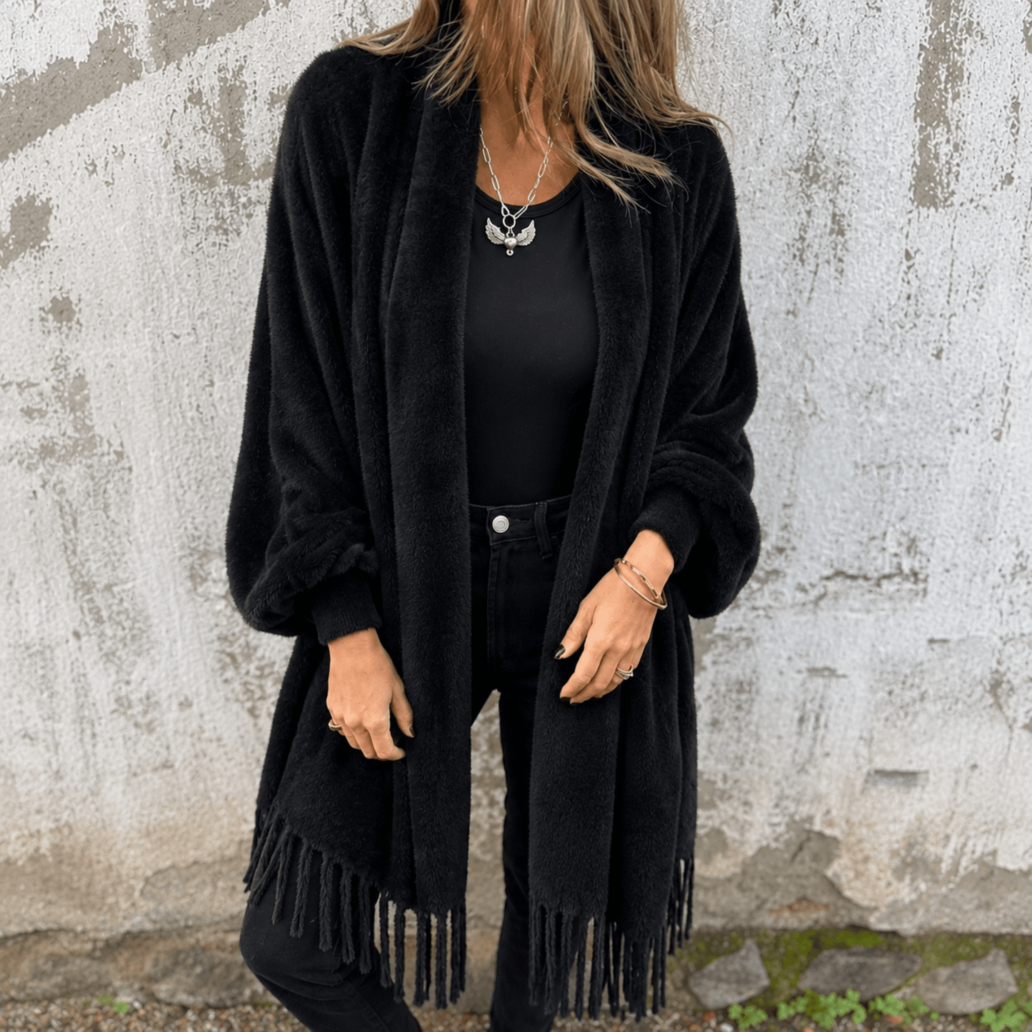 Cardigan pour femmes à col châle et franges | Idéal pour l'automne