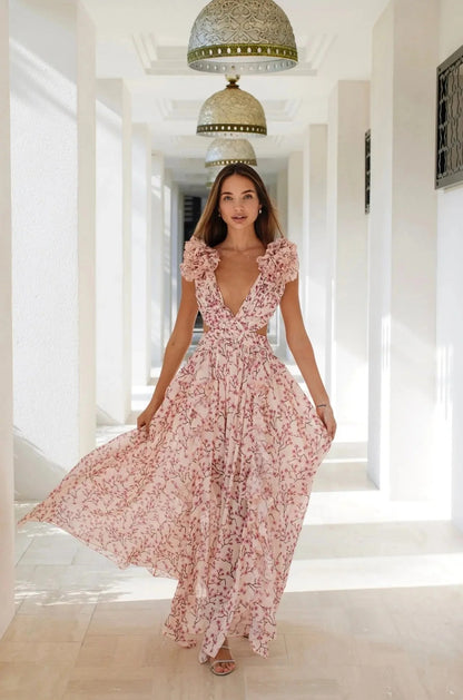 Robe Longue à Fleurs avec Manches à Volants et Décolleté en V Profond pour Femme | Idéale pour le Printemps et l'Été