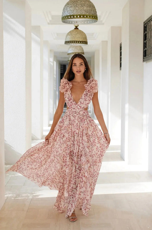 Robe Longue à Fleurs avec Manches à Volants et Décolleté en V Profond pour Femme | Idéale pour le Printemps et l'Été