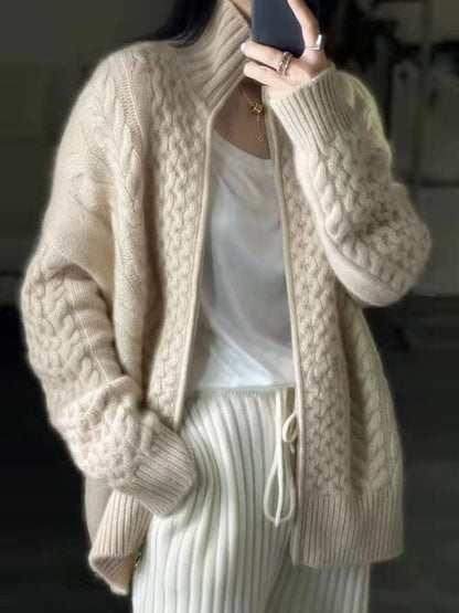Cardigan Zippé à Col Roulé Avec Motif Torsadé Pour Femme | Idéal Pour la Saison Hivernale