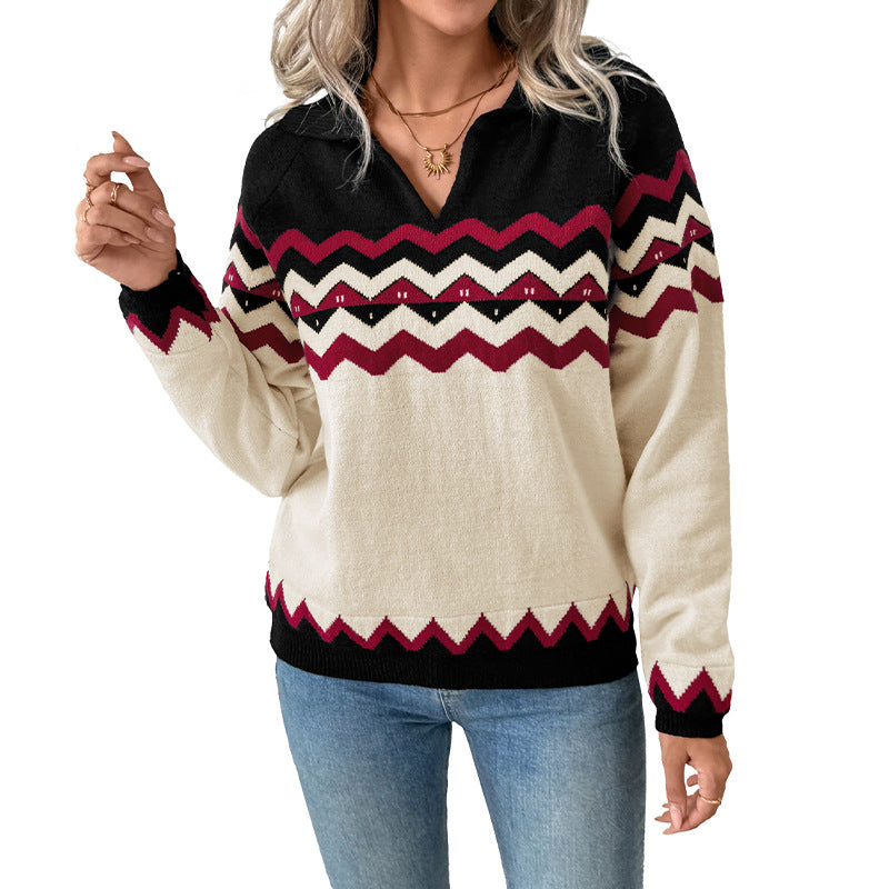 Pull col V motif zigzag pour femmes