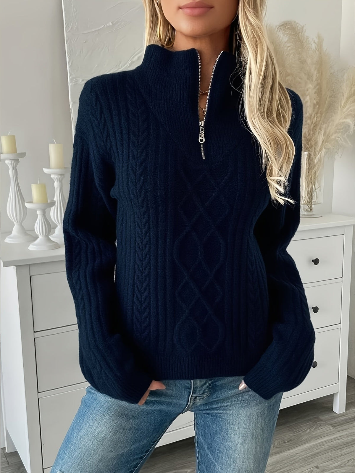Pull col zippé à motif en relief pour femmes