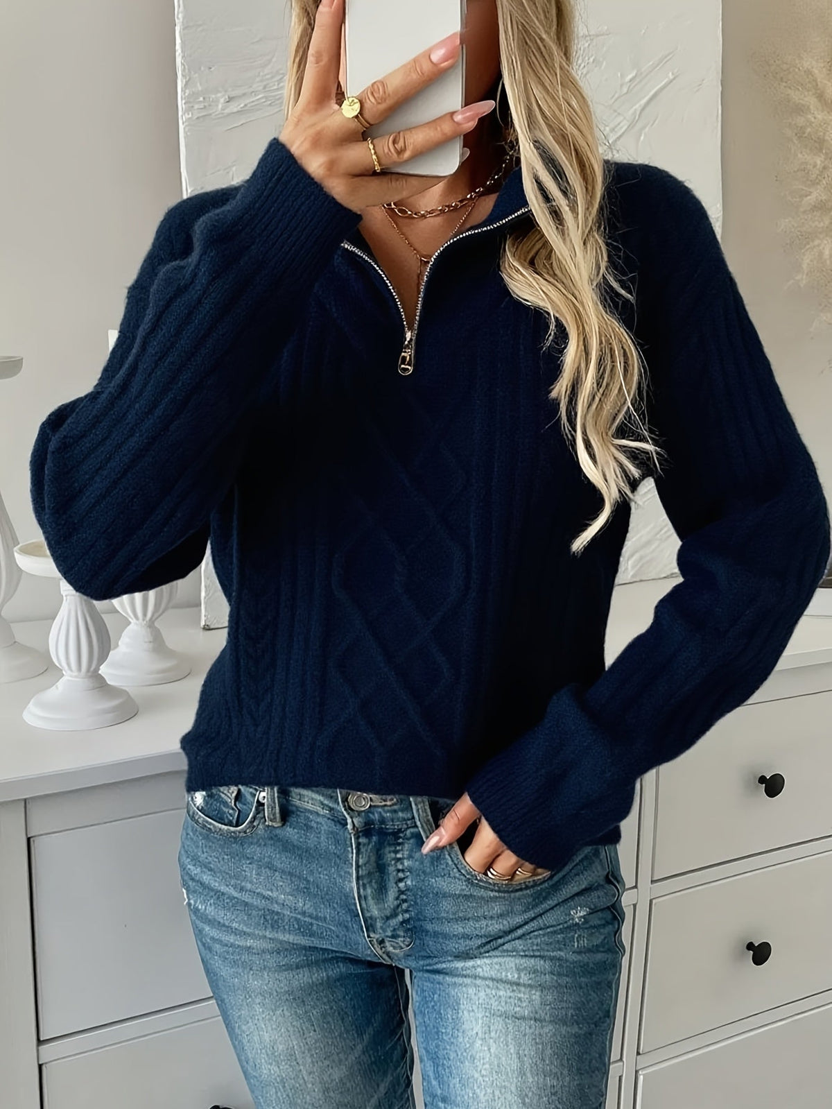 Pull col zippé à motif en relief pour femmes