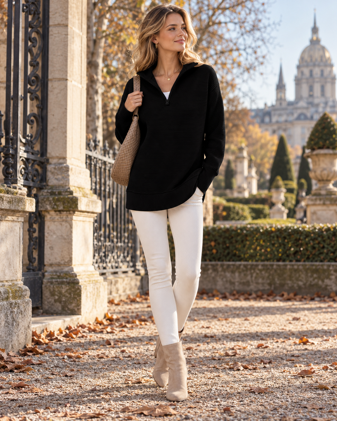 Pull côtelé col zippé pour femmes