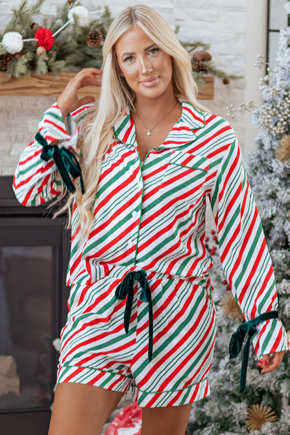 Pyjama deux pièces à rayures avec nœuds pour femme
