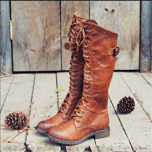 Bottes cavalières à lacets avec talon bloc bas pour femmes