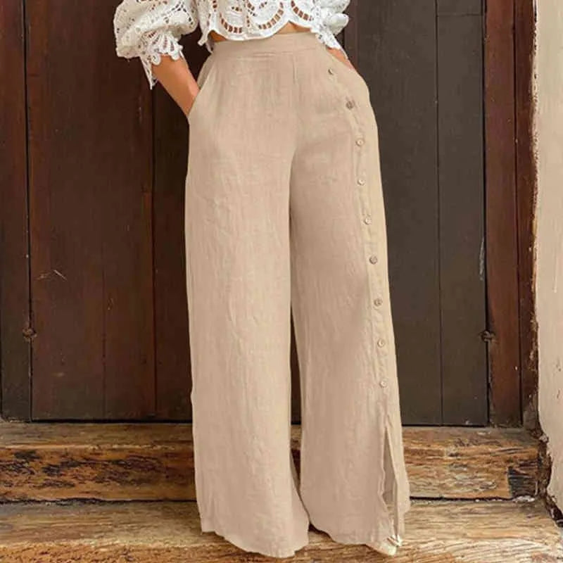 Pantalon Large avec Boutons Décoratifs pour Femme | Idéal pour le Bureau ou les Sorties