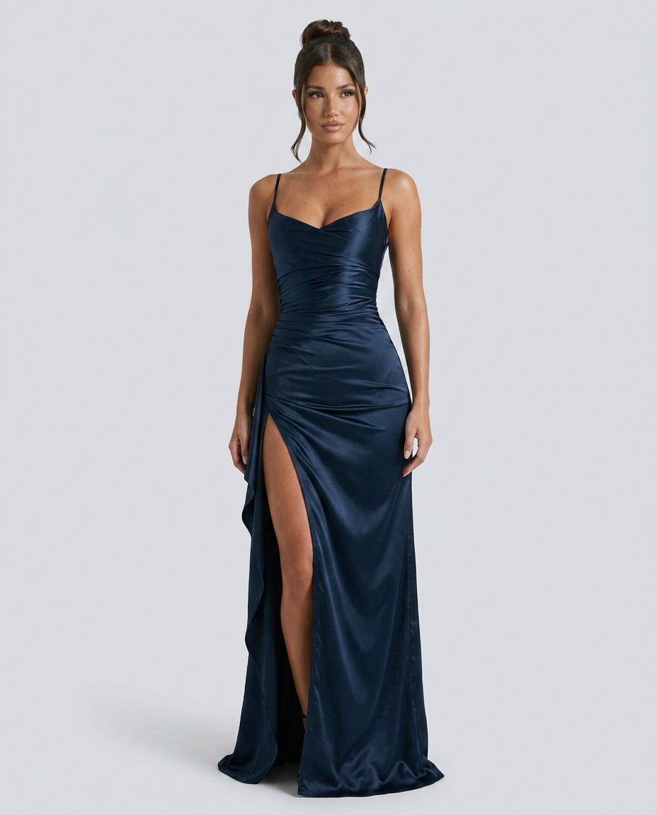 Robe maxi fendue à col drapé pour femmes