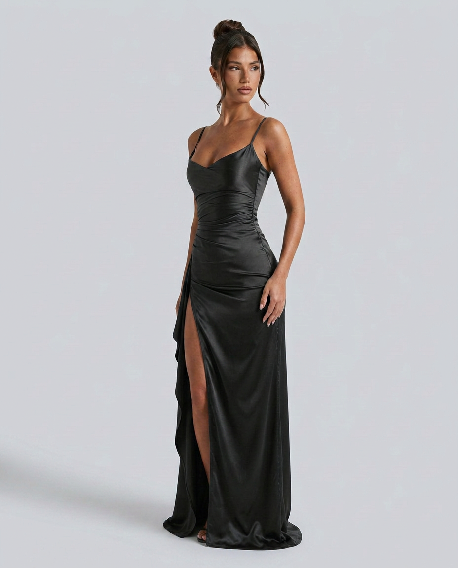 Robe maxi fendue à col drapé pour femmes