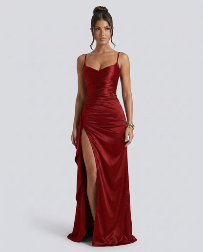 Robe maxi fendue à col drapé pour femmes