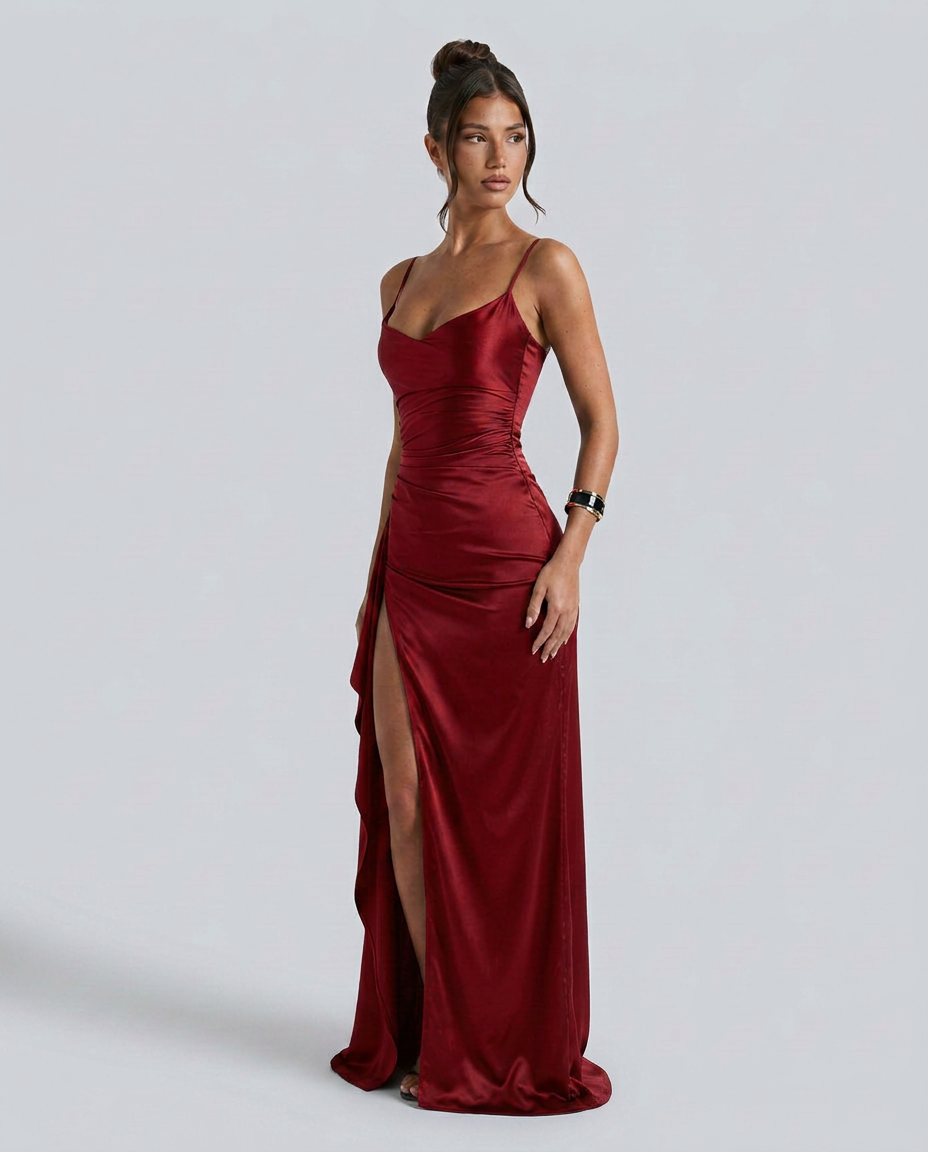 Robe maxi fendue à col drapé pour femmes