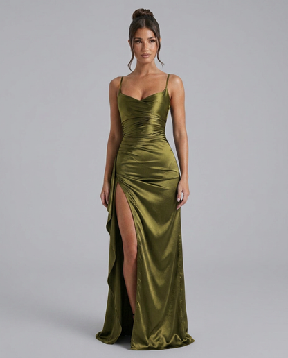 Robe maxi fendue à col drapé pour femmes