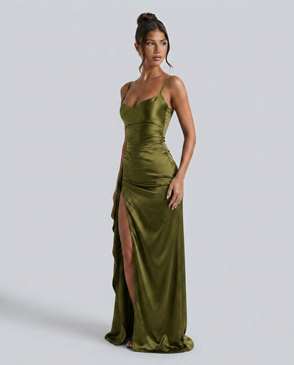 Robe maxi fendue à col drapé pour femmes