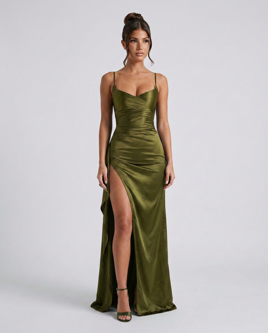 Robe maxi fendue à col drapé pour femmes