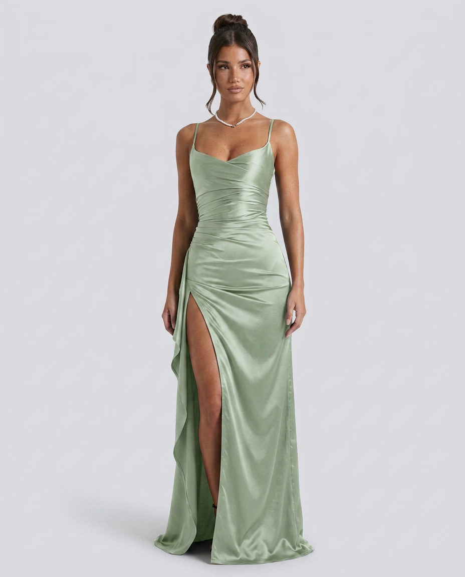 Robe maxi fendue à col drapé pour femmes