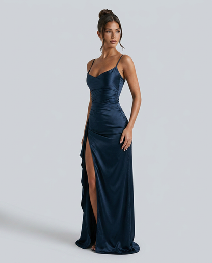 Robe maxi fendue à col drapé pour femmes