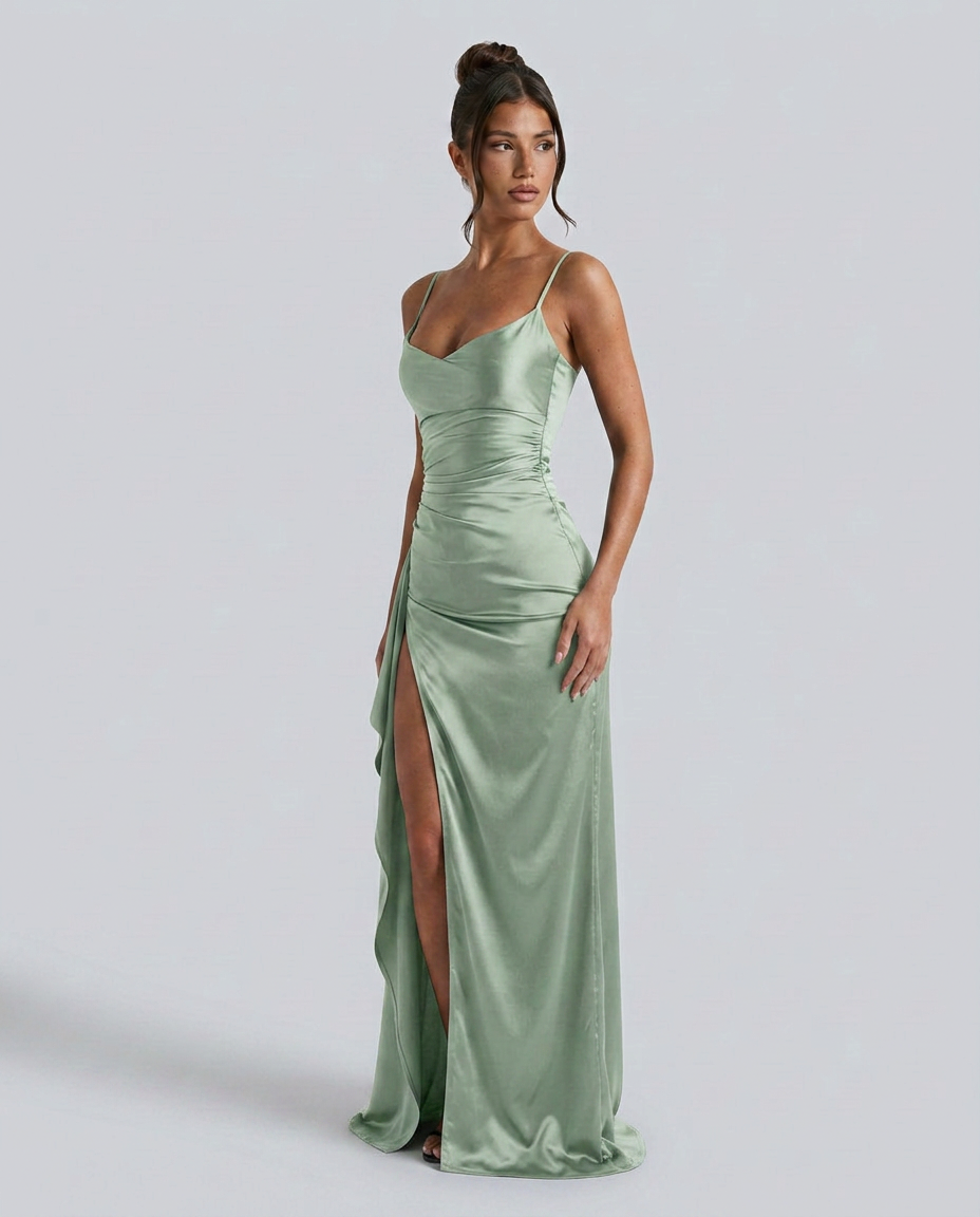 Robe maxi fendue à col drapé pour femmes