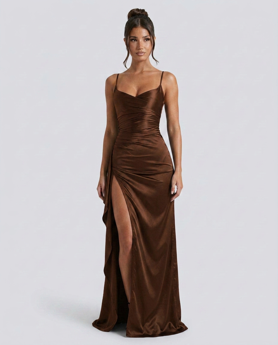 Robe maxi fendue à col drapé pour femmes