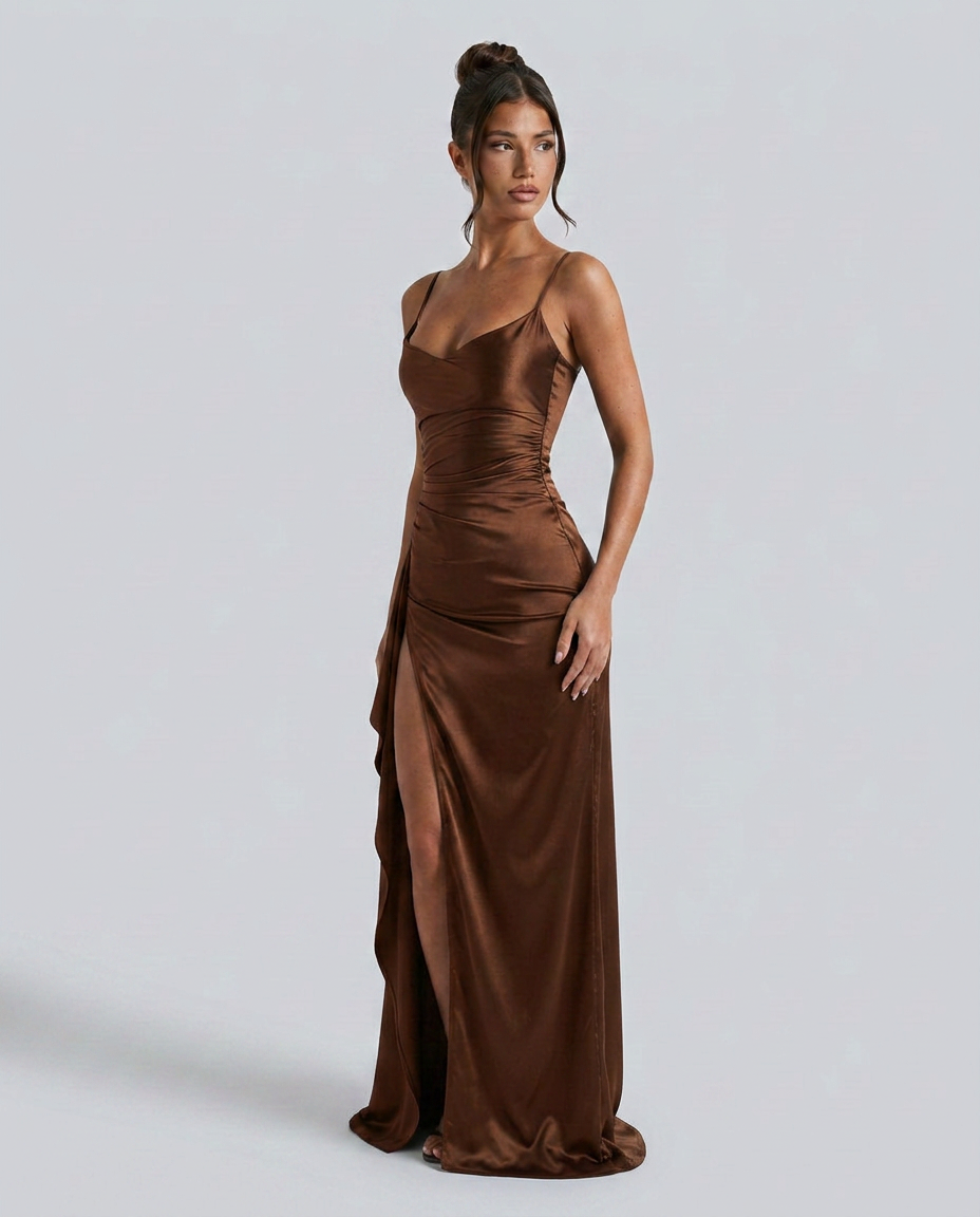 Robe maxi fendue à col drapé pour femmes