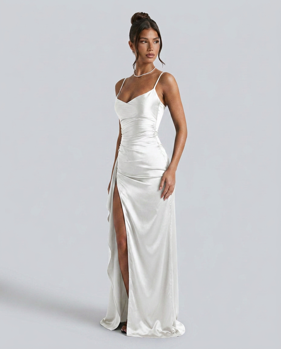 Robe maxi fendue à col drapé pour femmes