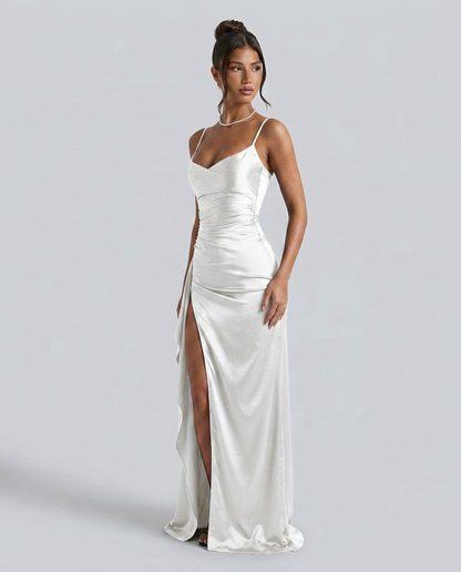Robe maxi fendue à col drapé pour femmes