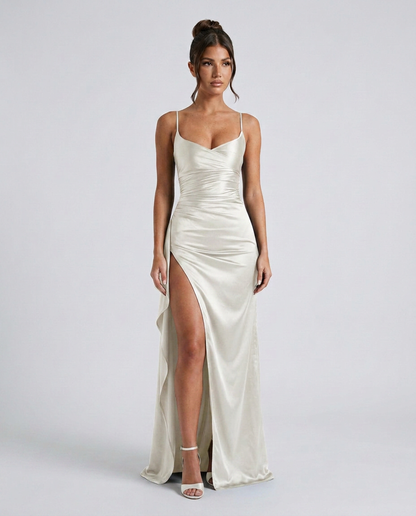 Robe maxi fendue à col drapé pour femmes