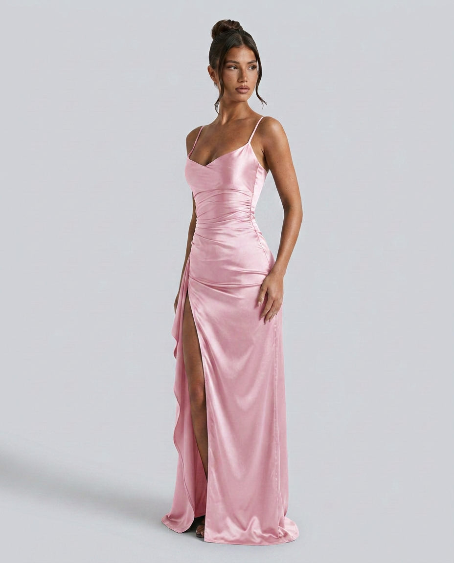 Robe maxi fendue à col drapé pour femmes