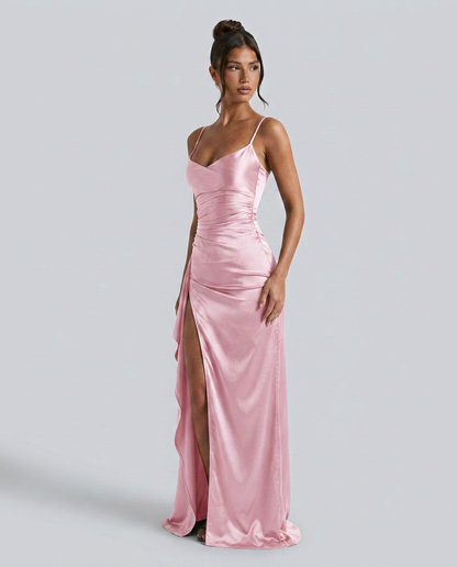 Robe maxi fendue à col drapé pour femmes