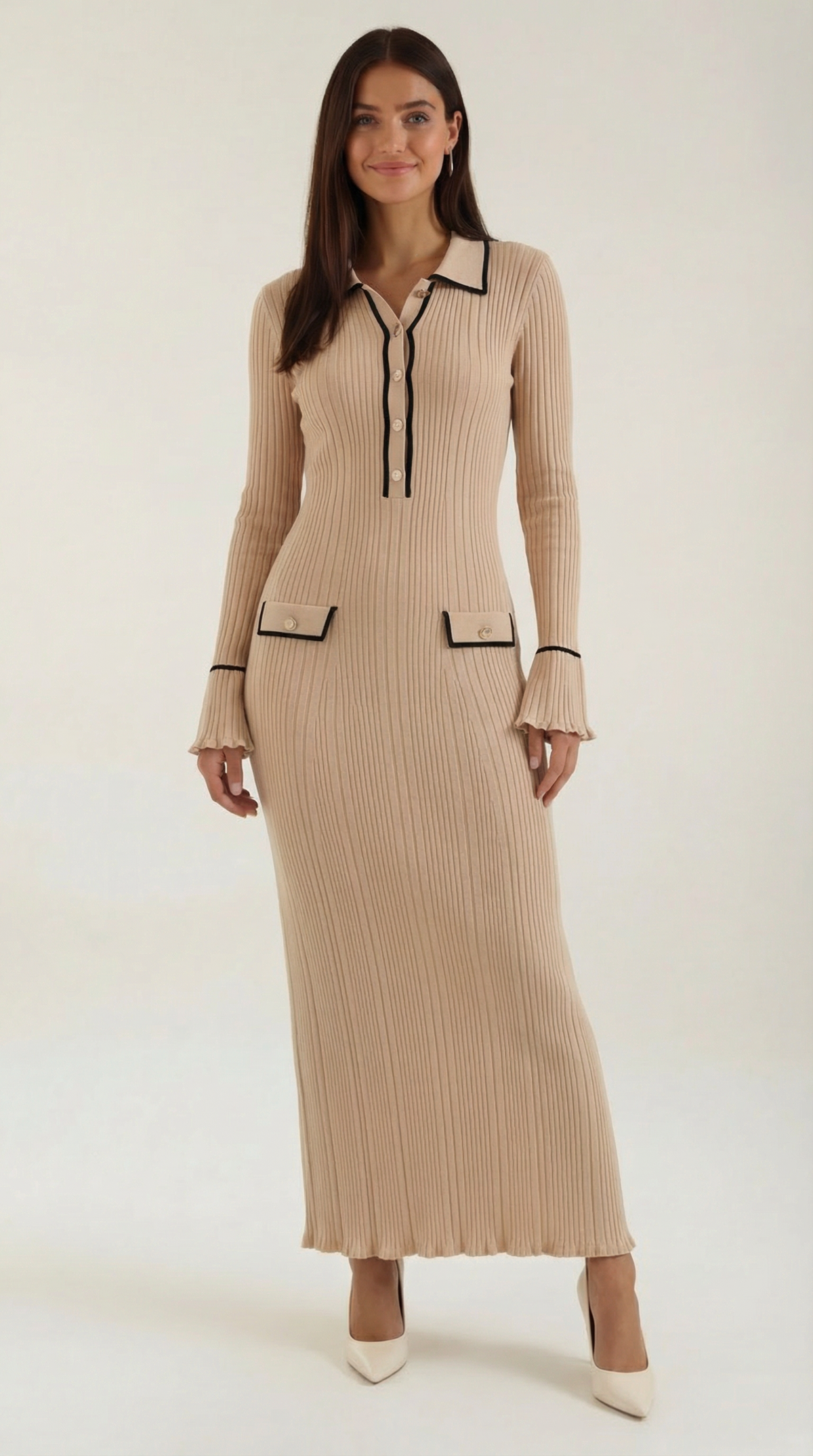 Robe maxi côtelée à col chemise pour femmes