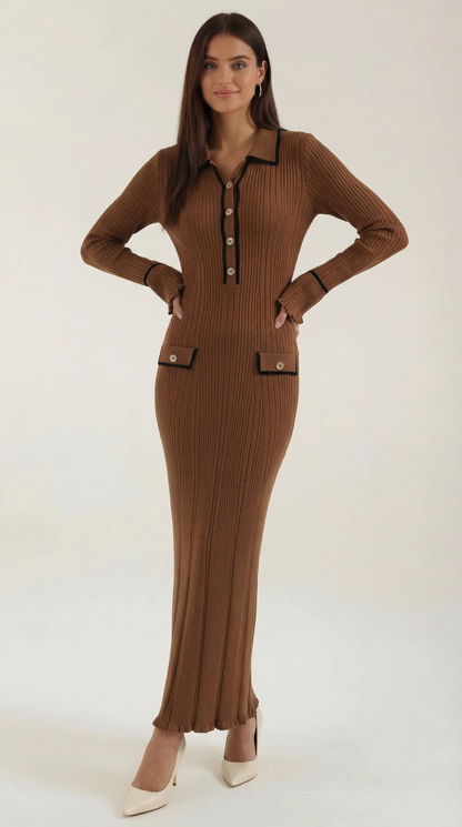 Robe maxi côtelée à col chemise pour femmes